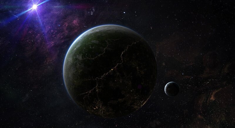 Planet with Moon in Space — Black, Dramatic, Night, Digital Art