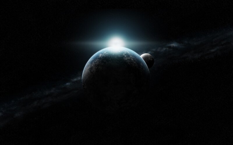 Planet with Moon in Space — Black, Dramatic, Night