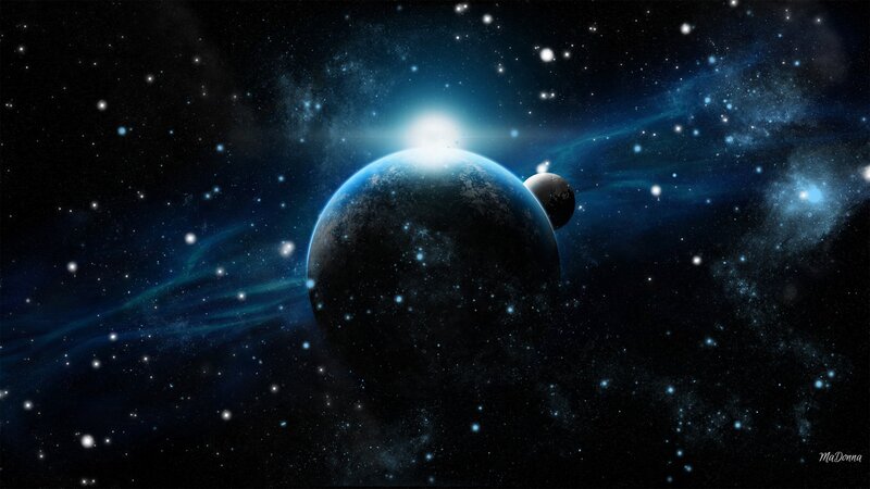 Planet with Moon in Space — Blue, Cosmic, Digital Art