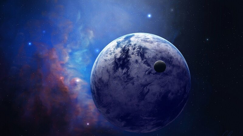 Planet with Moon in Space — Blue, Cosmic, Night