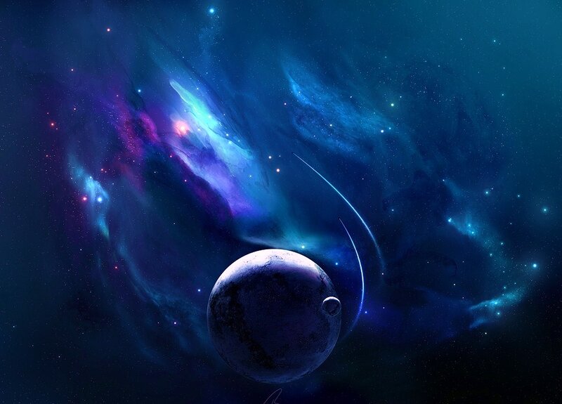 Planet with Moon in Space — Blue, Cosmic