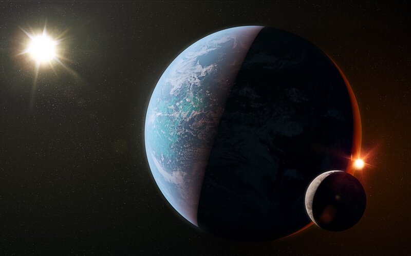 Planet with Moon in Space — Blue, Dramatic, 3d Render