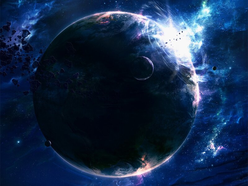 Planet with Moon in Space — Blue, Dramatic, Digital Art, Asteroids, Nebula