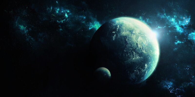 Planet with Moon in Space — Blue, Dramatic, Digital Art, Nebula, Stars, Green