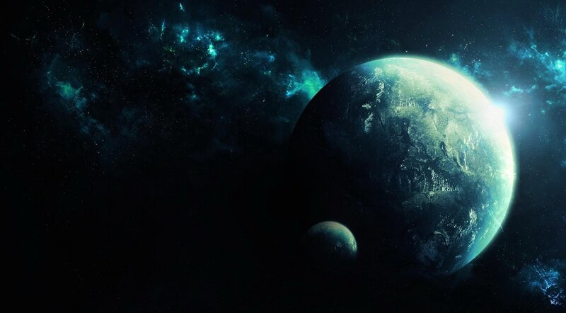 Planet with Moon in Space — Blue, Dramatic, Digital Art, Nebula, Stars