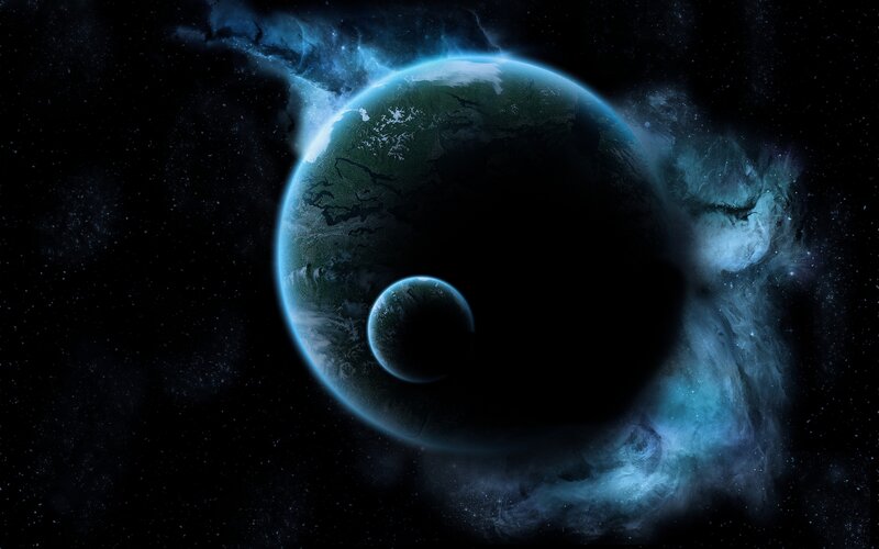 Planet with Moon in Space — Blue, Dramatic, Digital Art, Nebula