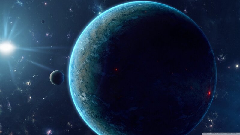 Planet with Moon in Space — Blue, Dramatic, Digital Art, Star, Galaxy