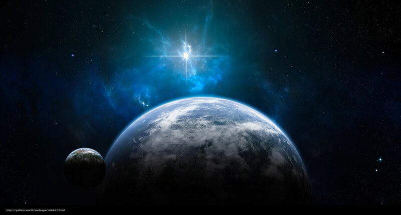 Planet with Moon in Space — Blue, Dramatic, Digital Art, Star