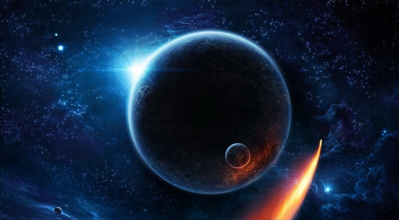 Planet with Moon in Space — Blue, Dramatic, Digital Art, Stars, Comet
