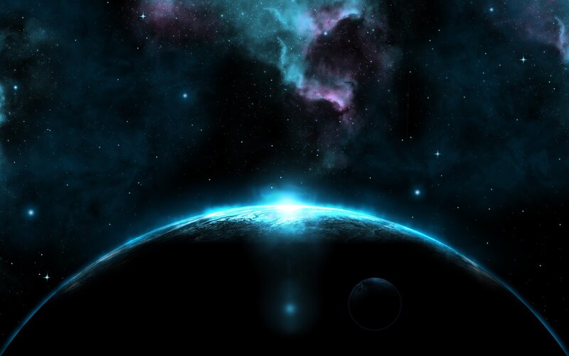 Planet with Moon in Space — Blue, Dramatic, Digital Art, Stars, Nebula, Black, Purple