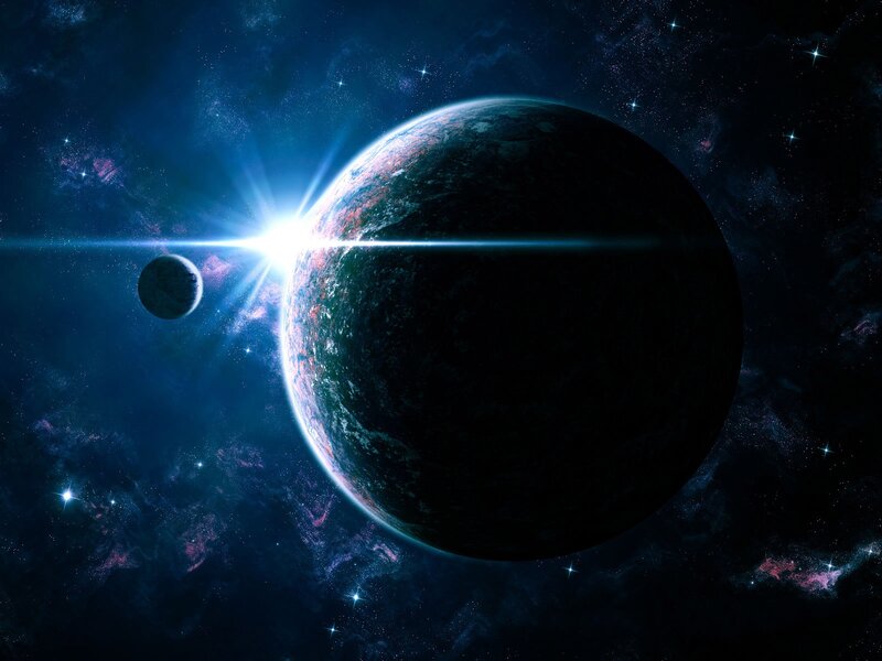 Planet with Moon in Space — Blue, Dramatic, Digital Art, Stars, Nebula