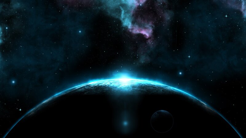 Planet with Moon in Space — Blue, Dramatic, Digital Art, Stars