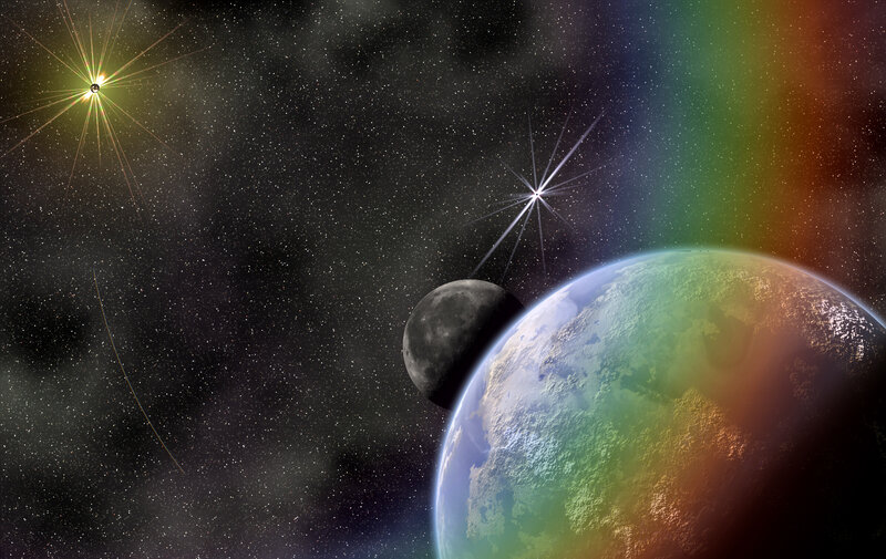 Planet with Moon in Space — Blue, Dramatic, Digital Art