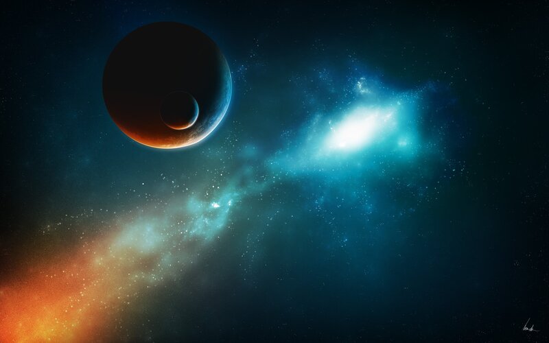 Planet with Moon in Space — Blue, Dramatic, Night, Digital Art, Nebula, Stars, Black