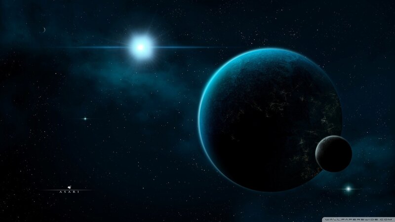 Planet with Moon in Space — Blue, Dramatic, Night, Digital Art, Star, Nebula