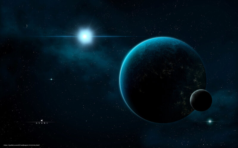 Planet with Moon in Space — Blue, Dramatic, Night, Digital Art, Star