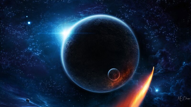 Planet with Moon in Space — Blue, Dramatic, Night, Digital Art