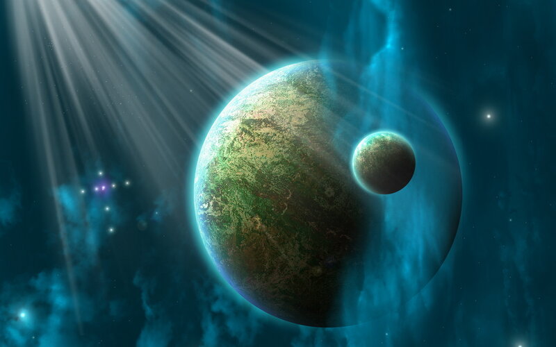 Planet with Moon in Space — Blue, Dramatic