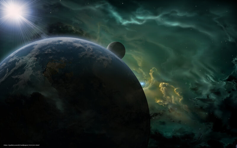 Planet with Moon in Space — Green, Dramatic