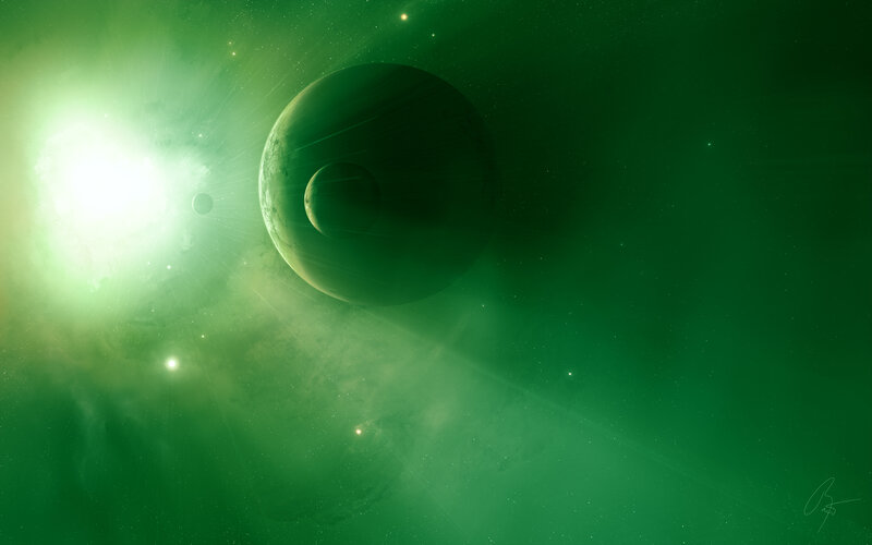 Planet with Moon in Space — Green, Serene, Night