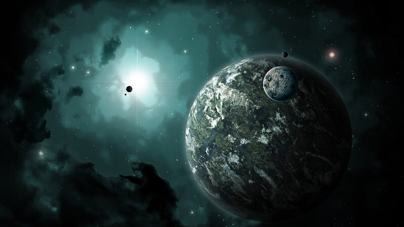 Planet with Moon in Space — Green