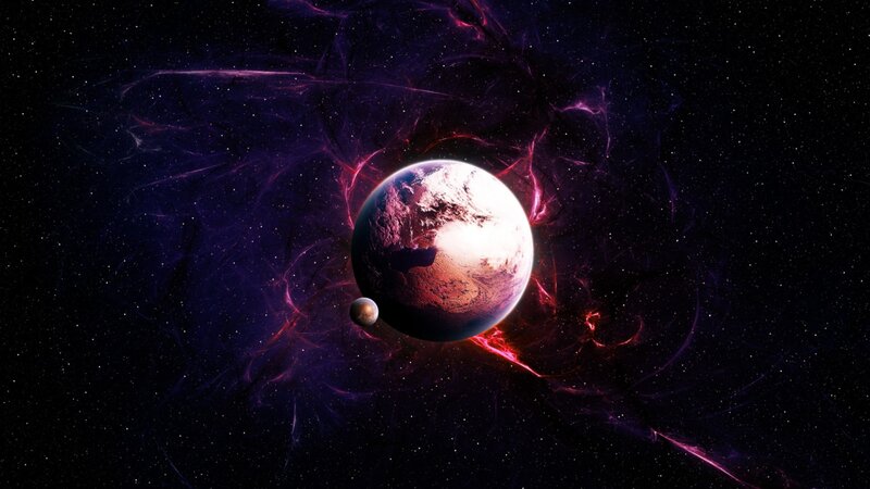 Planet with Moon in Space — Purple, Dramatic, Digital Art, Nebula, Stars