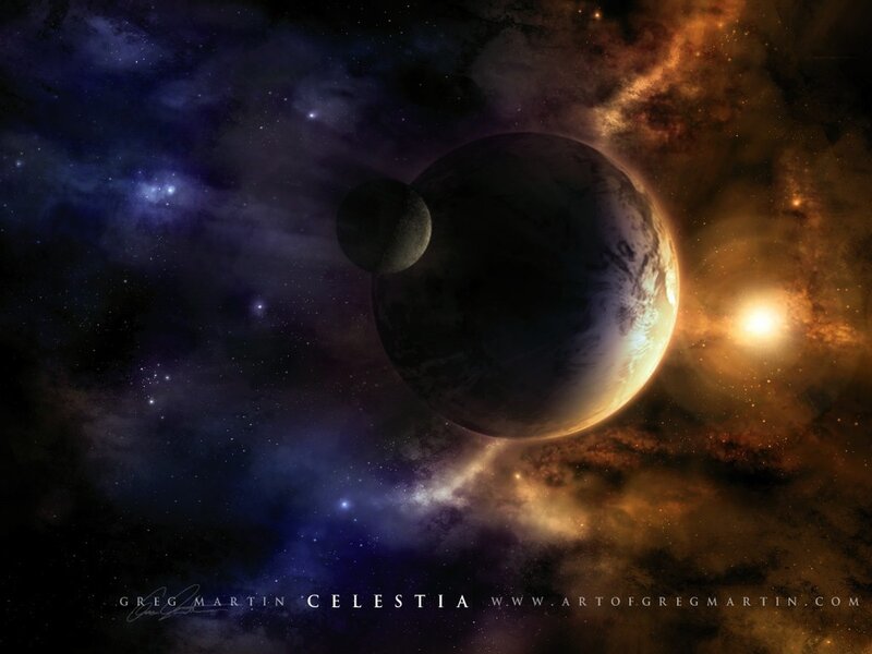 Planet with Moon in Space — Purple, Dramatic, Digital Art, Star