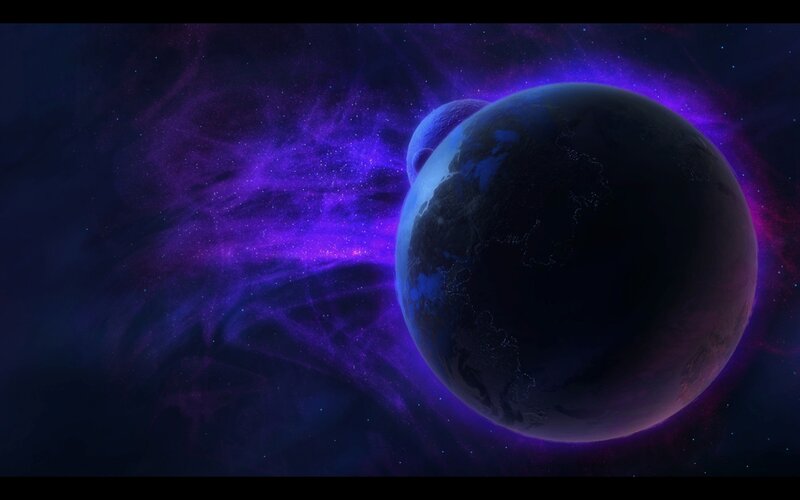 Planet with Moon in Space — Purple, Dramatic, Digital Art