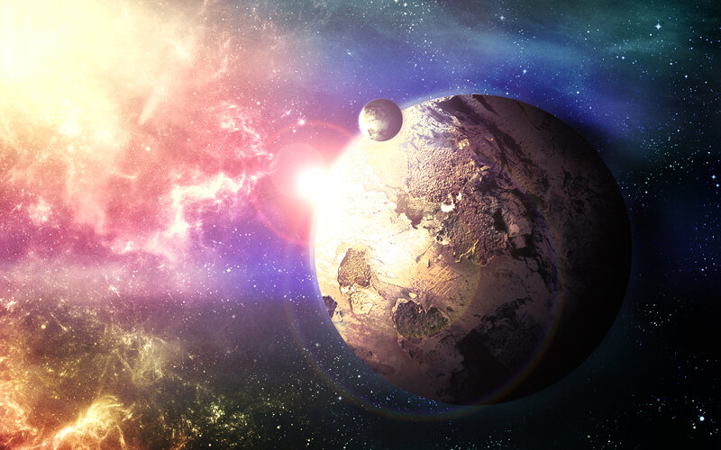 Planet with Moon in Space — Purple, Dramatic