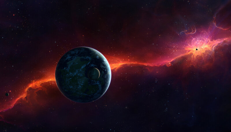 Planet with Moon in Space — Red, Dramatic, Digital Art, Nebula
