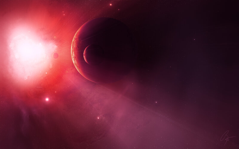 Planet with Moon in Space — Red, Dramatic
