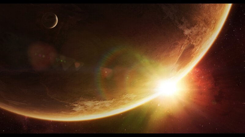 Planet with Moon — Orange, Dramatic, Sunrise