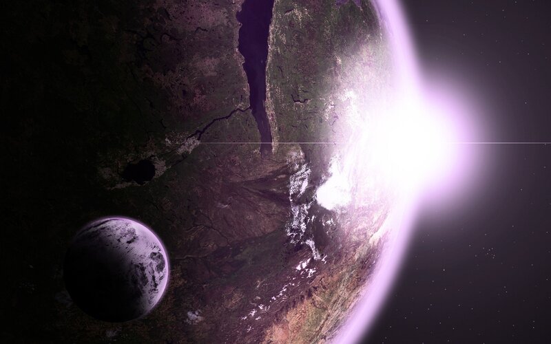Planet with Moon — Purple, Dramatic, Digital Art, Sunlight