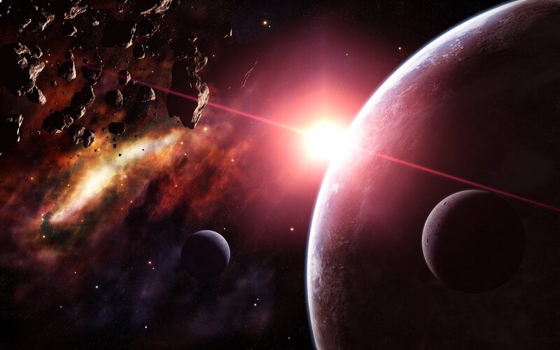 Planet with Moons and Asteroids — Red