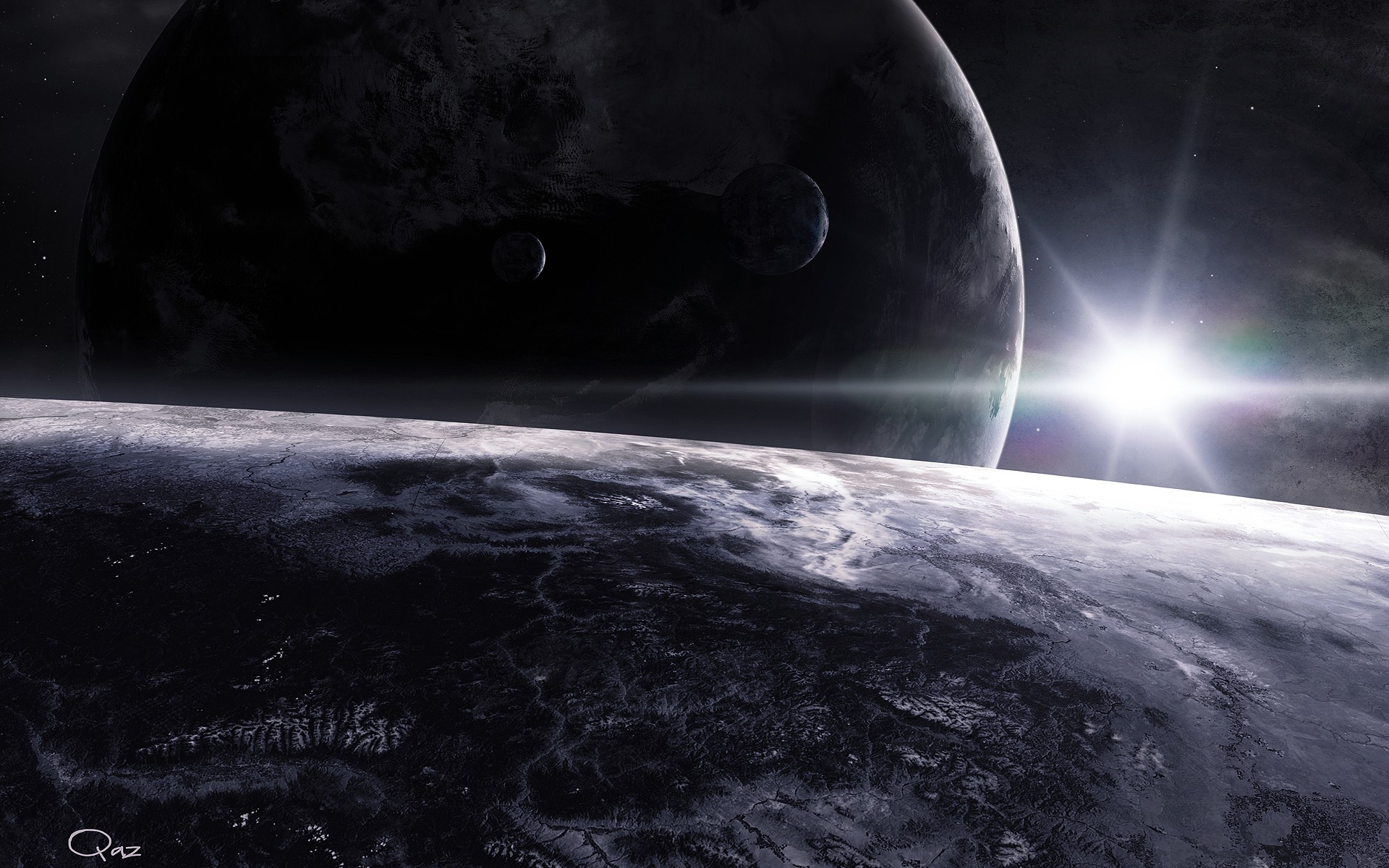 Planet with moons and star
