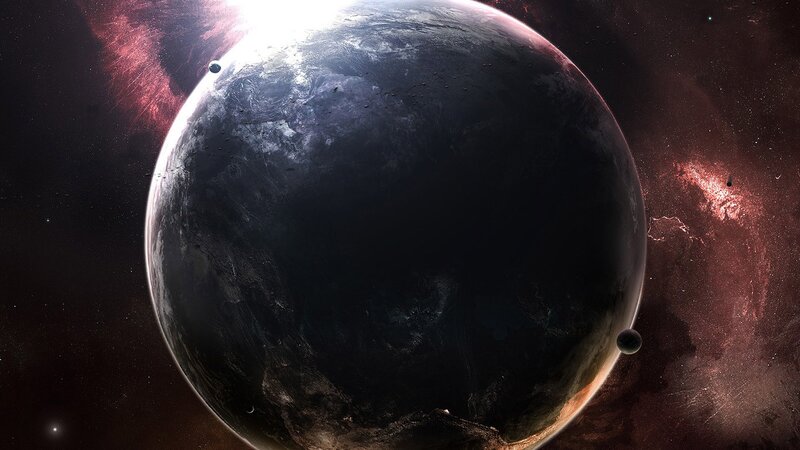 Planet with Moons — Black, Dramatic, Digital Art, Nebula, Stars