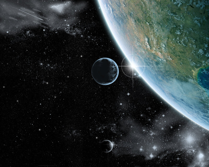 Planet with Moons — Black, Dramatic, Digital Art, Stars