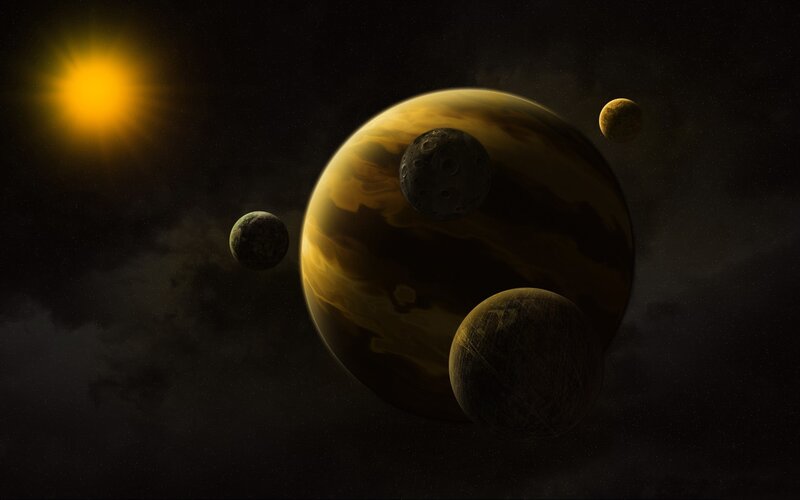 Planet with Moons — Black, Dramatic, Digital Art, Sun