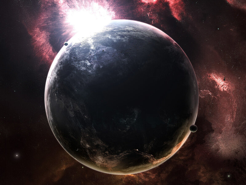 Planet with Moons — Black, Dramatic, Digital Art