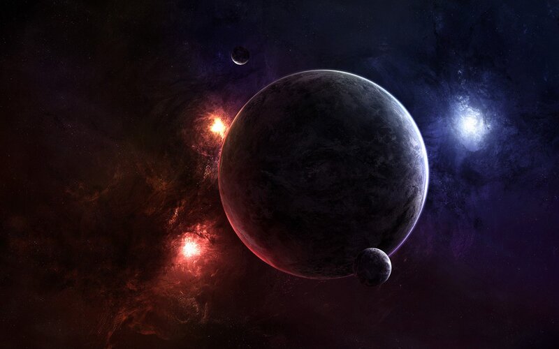 Planet with Moons — Black, Dramatic, Night, Digital Art, Nebula, Stars
