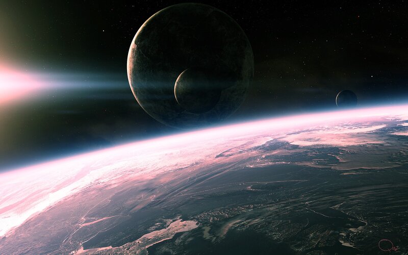 Planet with Moons — Black, Dramatic, Night, Digital Art, Stars, Atmosphere