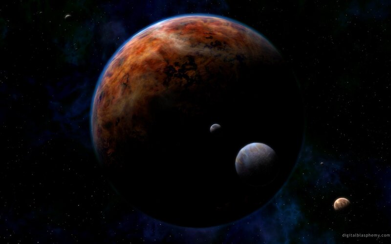 Planet with Moons — Black, Dramatic, Night, Digital Art, Stars