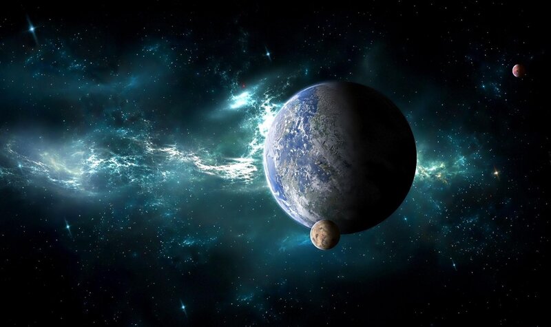 Planet with Moons — Blue, Cosmic, Digital Art