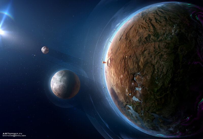 Planet with Moons — Blue, Dramatic, Digital Art, Stars, Space