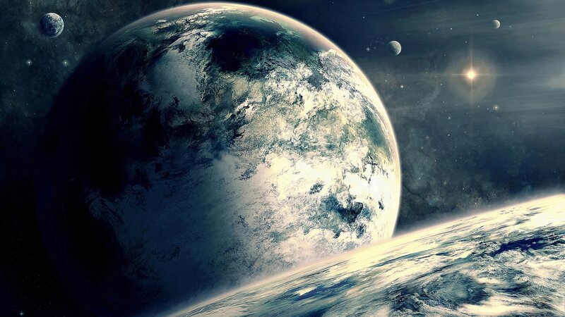 Planet with Moons — Blue, Dramatic, Digital Art, Stars, Sun