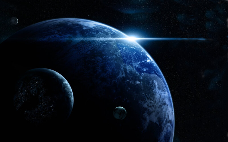 Planet with Moons — Blue, Dramatic, Digital Art, Stars, Sunlight