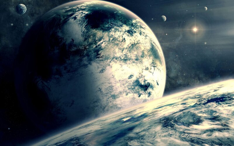 Planet with Moons — Blue, Dramatic, Digital Art