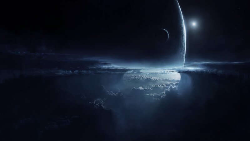 Planet with Moons — Blue, Dramatic, Night, Digital Art, Clouds, Star