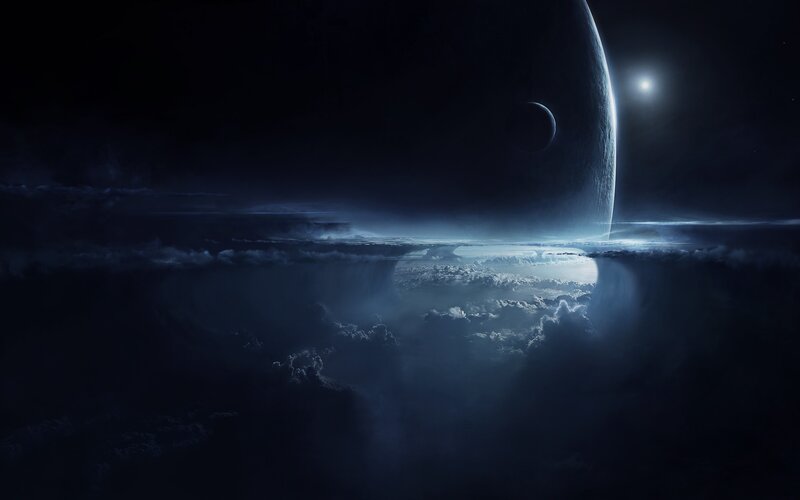 Planet with Moons — Blue, Dramatic, Night, Digital Art, Clouds