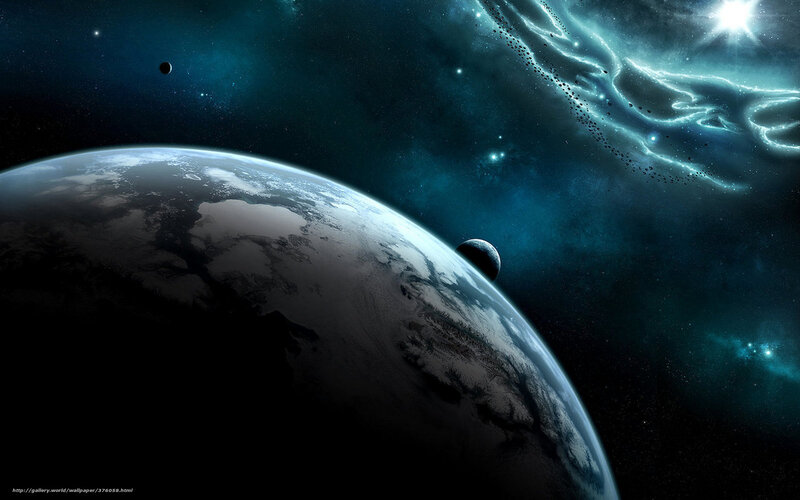 Planet with Moons — Blue, Dramatic, Night, Digital Art, Nebula